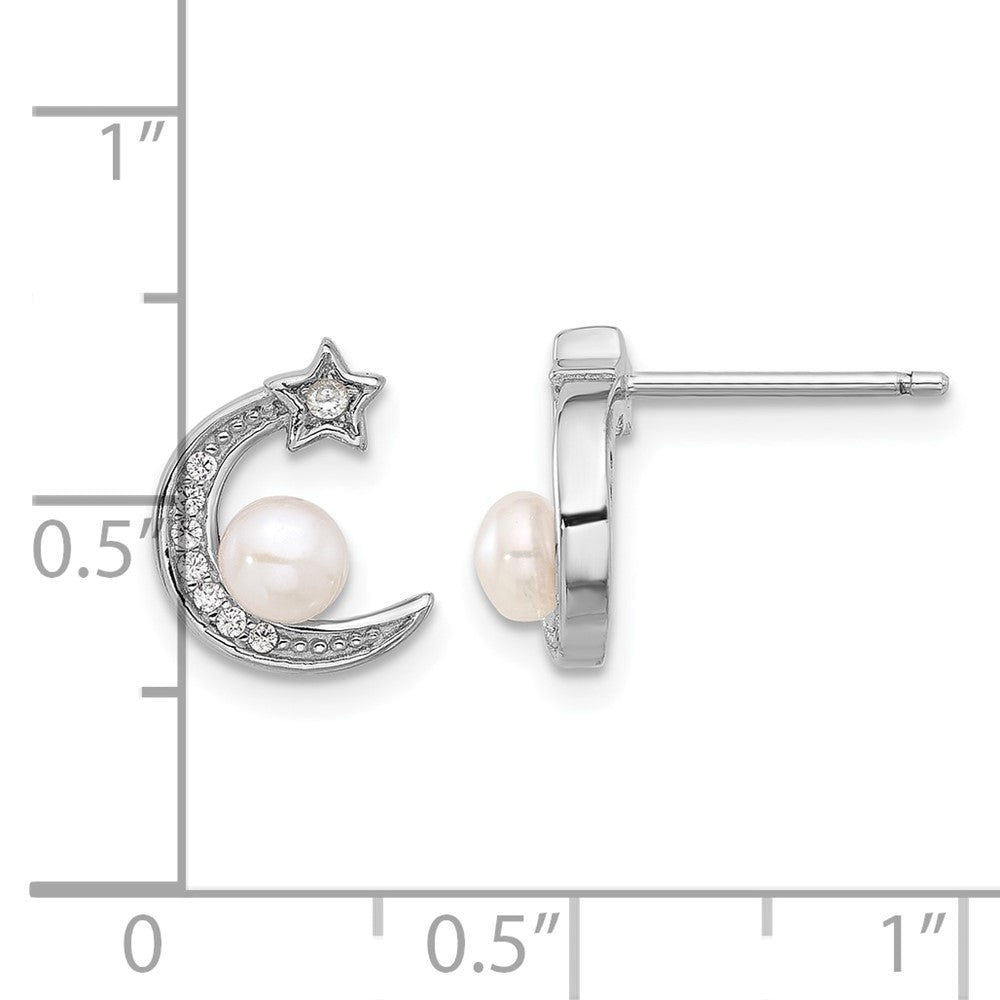 Sterling Silver Rhodium Plated CZ and Fwc Pearl Moon and Star Post Earrings