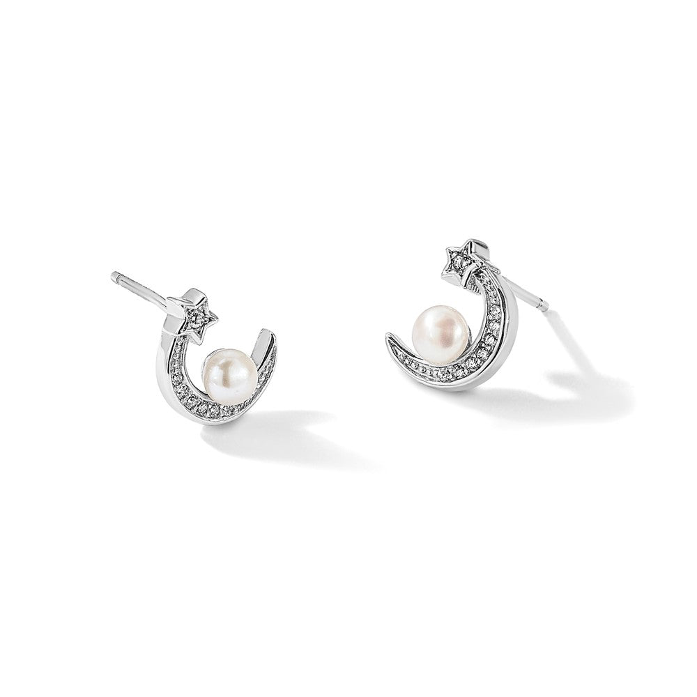 Sterling Silver Rhodium Plated CZ and Fwc Pearl Moon and Star Post Earrings