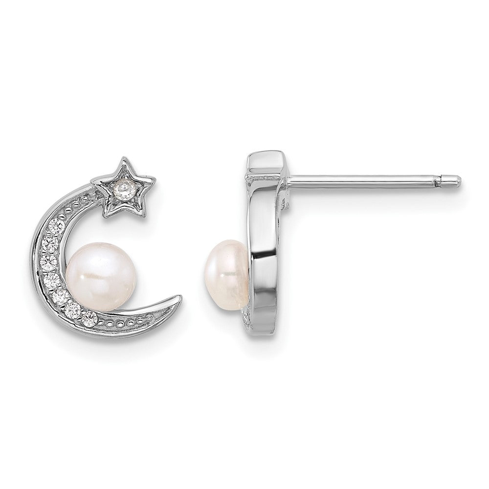 Sterling Silver Rhodium Plated CZ and Fwc Pearl Moon and Star Post Earrings