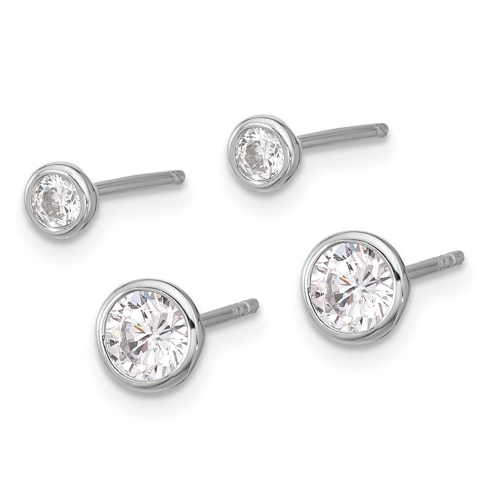 Sterling Silver Rhodium Plated 3mm and 5mm CZ Bezel Post Earrings Set