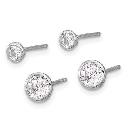 Sterling Silver Rhodium Plated 3mm and 5mm CZ Bezel Post Earrings Set