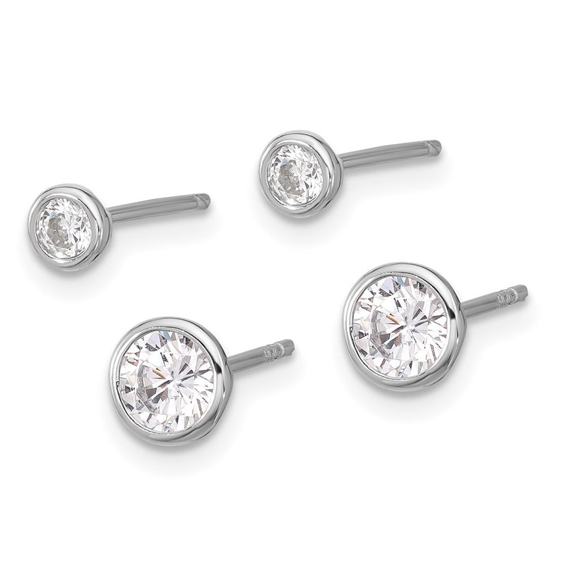 Sterling Silver Rhodium Plated 3mm and 5mm CZ Bezel Post Earrings Set