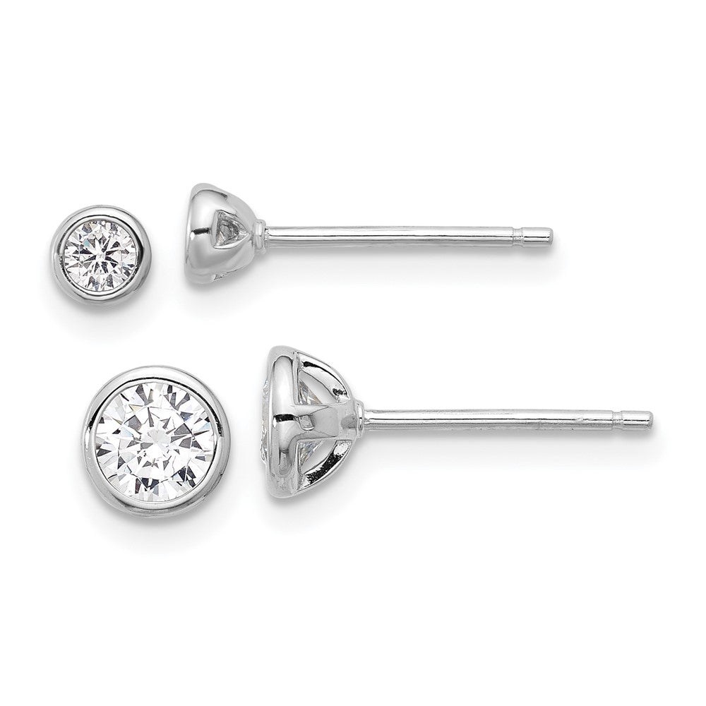Sterling Silver Rhodium Plated 3mm and 5mm CZ Bezel Post Earrings Set