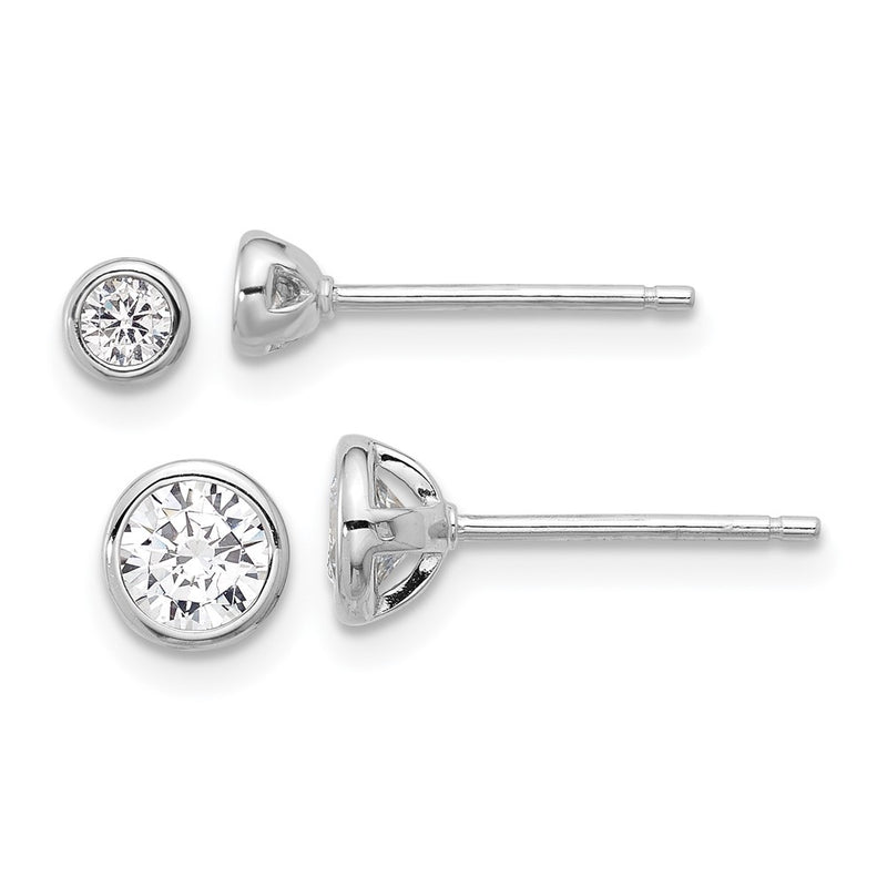 Sterling Silver Rhodium Plated 3mm and 5mm CZ Bezel Post Earrings Set