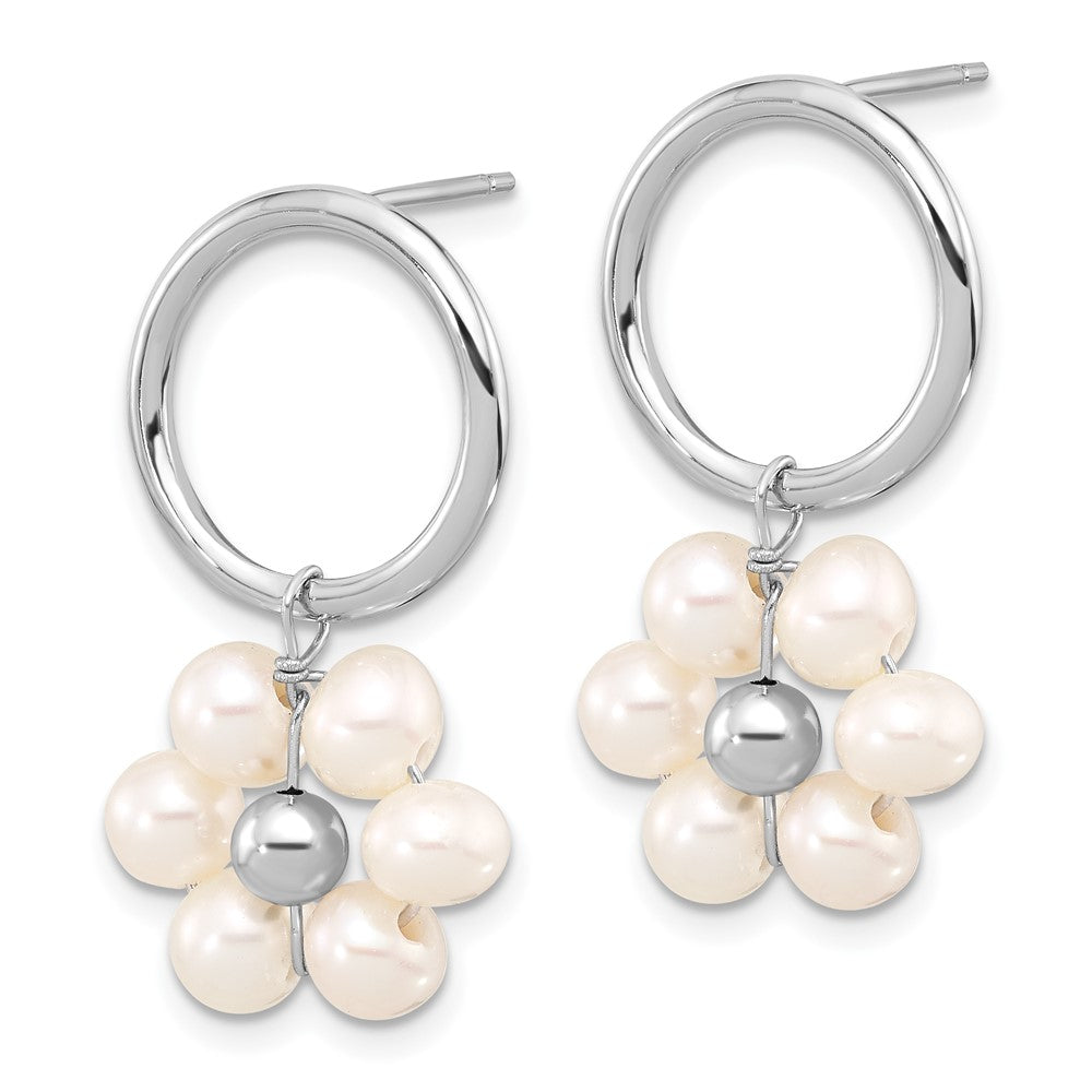 Sterling Silver Rhodium Plated 4-5mm White Fwc Pearl Flower Dangle Earrings