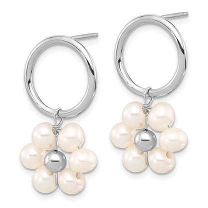 Sterling Silver Rhodium Plated 4-5mm White Fwc Pearl Flower Dangle Earrings