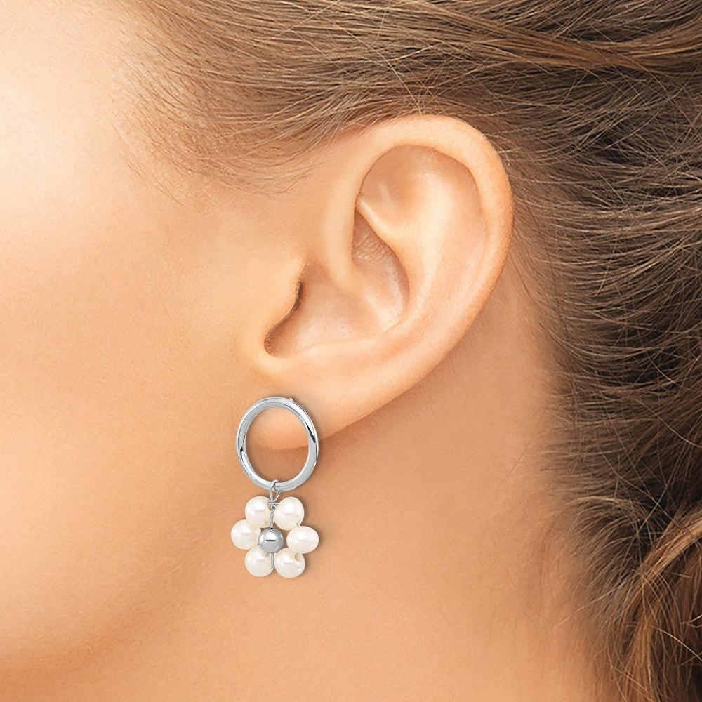 Sterling Silver Rhodium Plated 4-5mm White Fwc Pearl Flower Dangle Earrings
