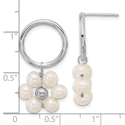 Sterling Silver Rhodium Plated 4-5mm White Fwc Pearl Flower Dangle Earrings