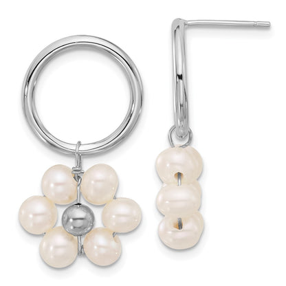 Sterling Silver Rhodium Plated 4-5mm White Fwc Pearl Flower Dangle Earrings
