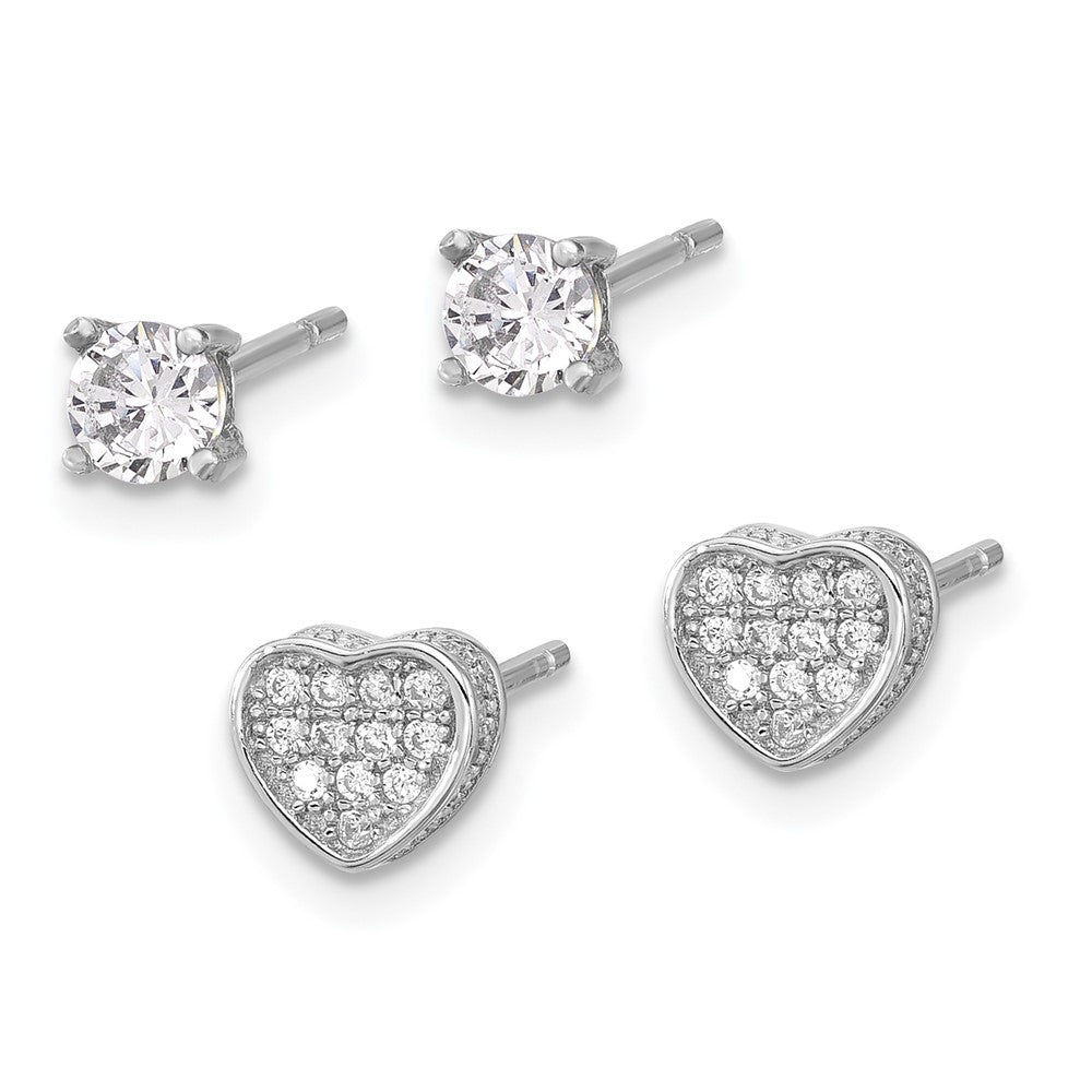 Sterling Silver Rhodium Plated Pavé CZ Heart/4mm CZ Stud Post Earrings Set