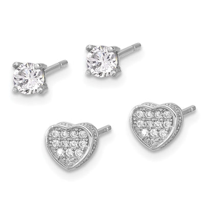 Sterling Silver Rhodium Plated Pavé CZ Heart/4mm CZ Stud Post Earrings Set