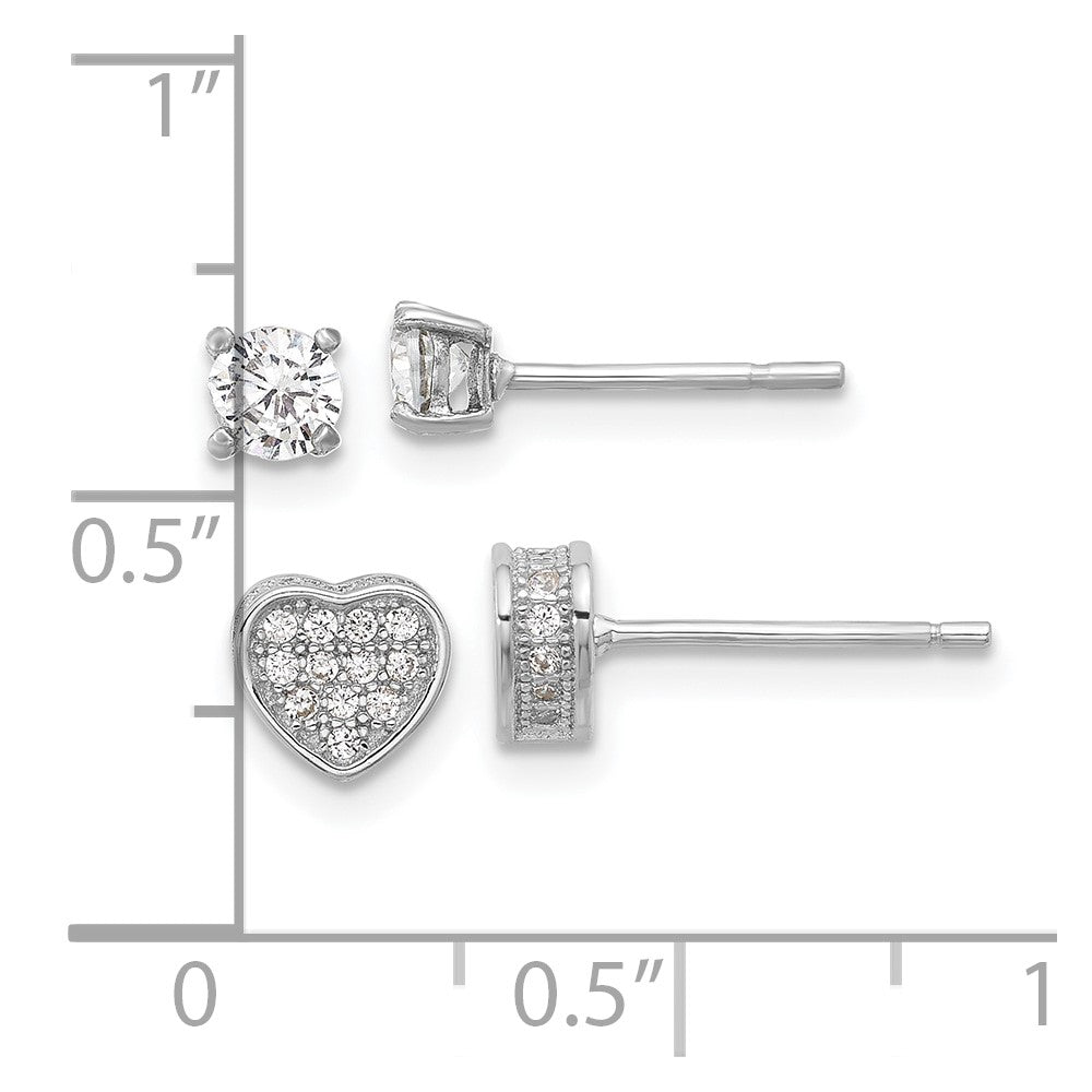 Sterling Silver Rhodium Plated Pavé CZ Heart/4mm CZ Stud Post Earrings Set