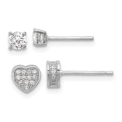 Sterling Silver Rhodium Plated Pavé CZ Heart/4mm CZ Stud Post Earrings Set