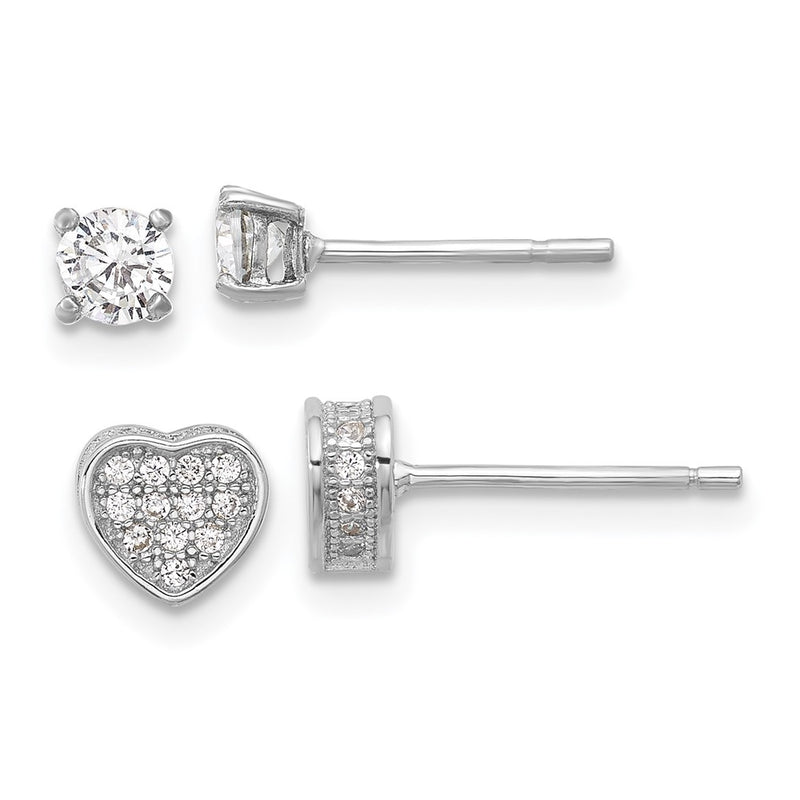 Sterling Silver Rhodium Plated Pavé CZ Heart/4mm CZ Stud Post Earrings Set