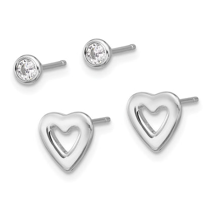 Sterling Silver Rhodium-Plated CZ and Heart Post Earrings Set