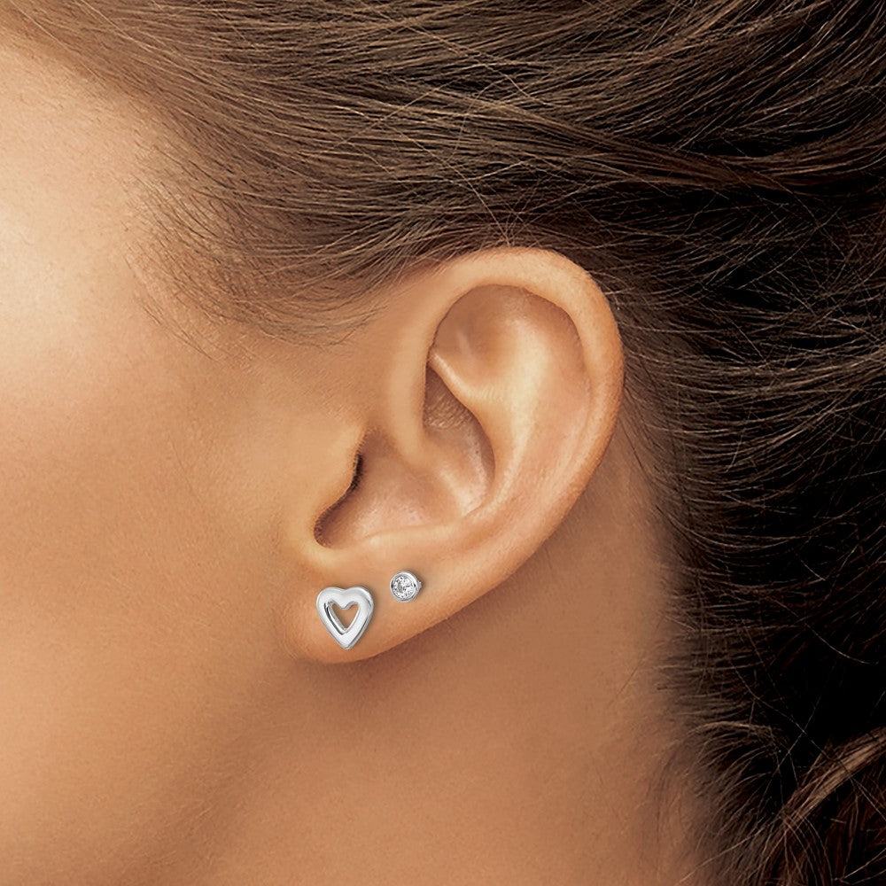Sterling Silver Rhodium-Plated CZ and Heart Post Earrings Set
