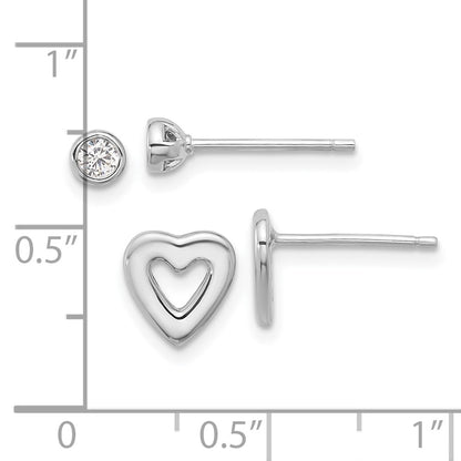 Sterling Silver Rhodium-Plated CZ and Heart Post Earrings Set