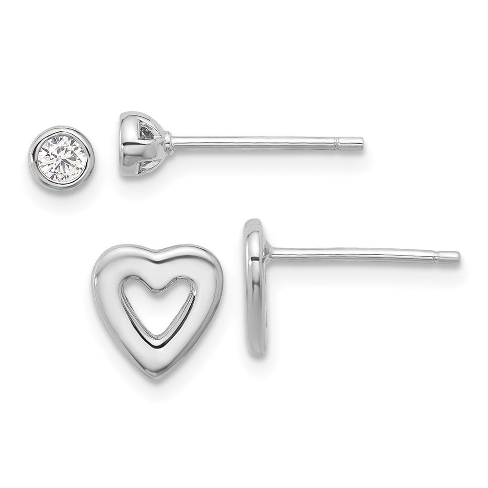Sterling Silver Rhodium-Plated CZ and Heart Post Earrings Set
