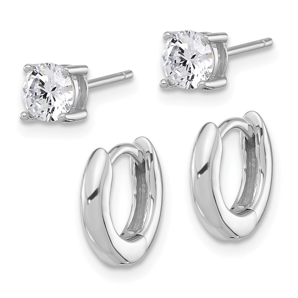 Sterling Silver Rhodium Plated 2.5mm Huggie Hoops/5mm CZ Stud Earrings Set