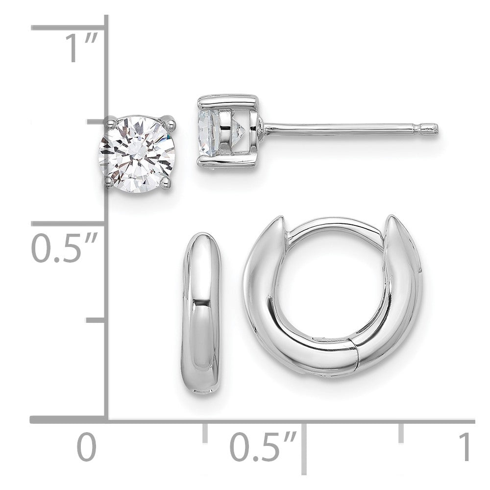 Sterling Silver Rhodium Plated 2.5mm Huggie Hoops/5mm CZ Stud Earrings Set