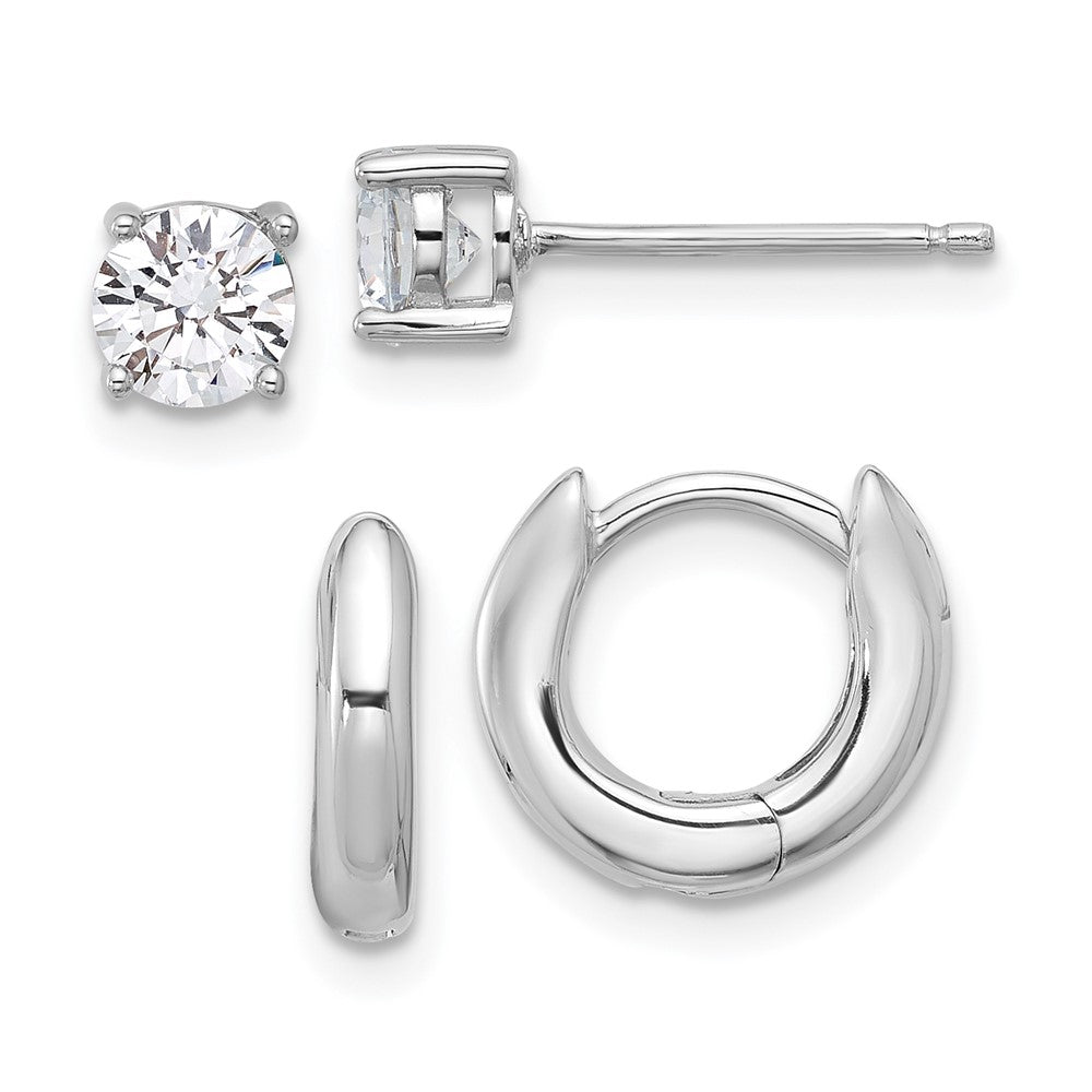Sterling Silver Rhodium Plated 2.5mm Huggie Hoops/5mm CZ Stud Earrings Set