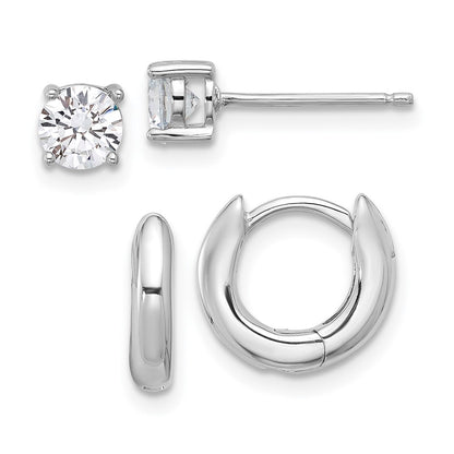 Sterling Silver Rhodium Plated 2.5mm Huggie Hoops/5mm CZ Stud Earrings Set