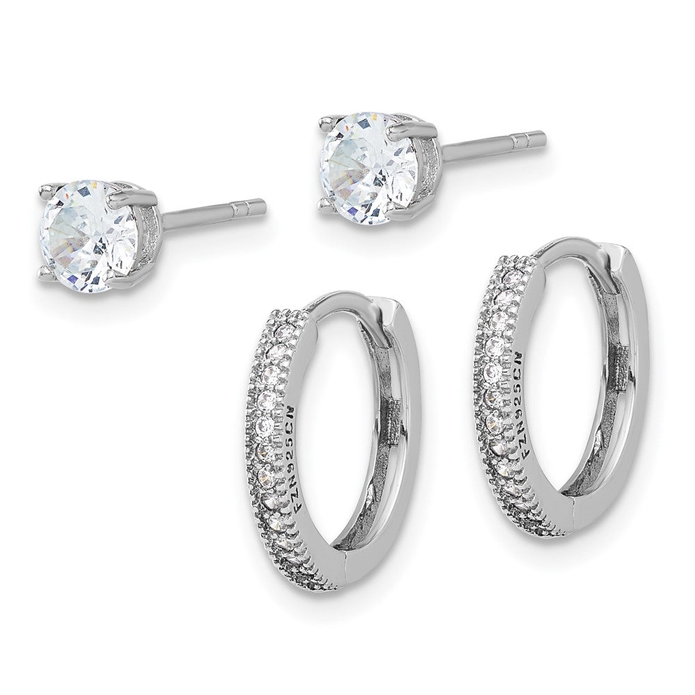 Sterling Silver Rhodium Plated CZ 2mm Hoop and 5mm Stud Post Earring Set