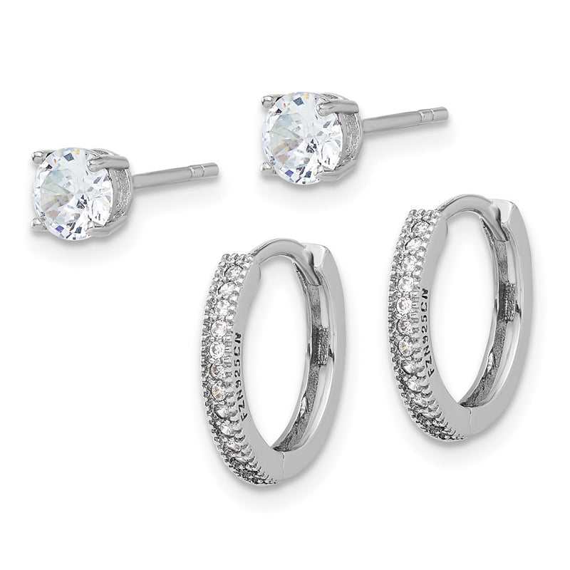 Sterling Silver Rhodium Plated CZ 2mm Hoop and 5mm Stud Post Earring Set