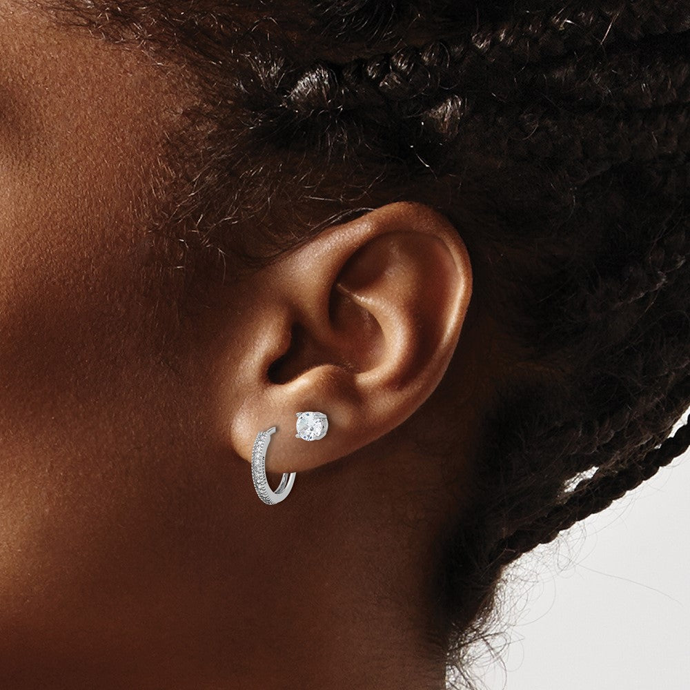Sterling Silver Rhodium Plated CZ 2mm Hoop and 5mm Stud Post Earring Set