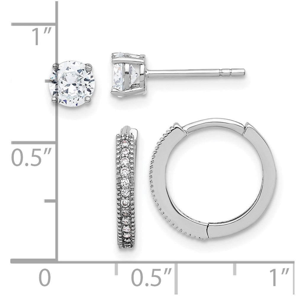 Sterling Silver Rhodium Plated CZ 2mm Hoop and 5mm Stud Post Earring Set