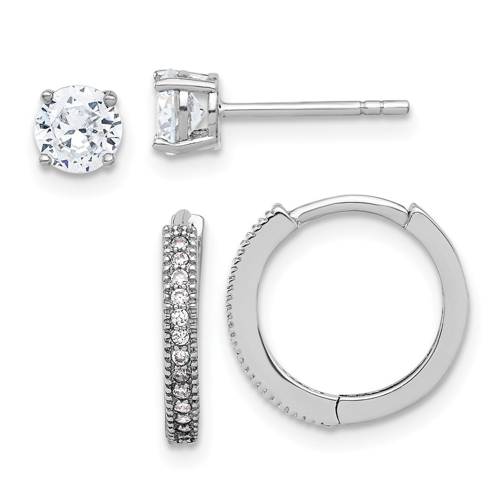 Sterling Silver Rhodium Plated CZ 2mm Hoop and 5mm Stud Post Earring Set