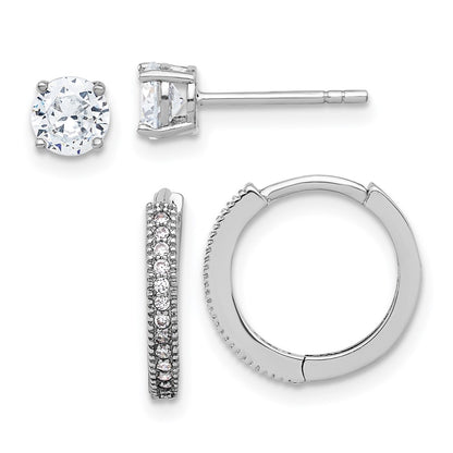 Sterling Silver Rhodium Plated CZ 2mm Hoop and 5mm Stud Post Earring Set