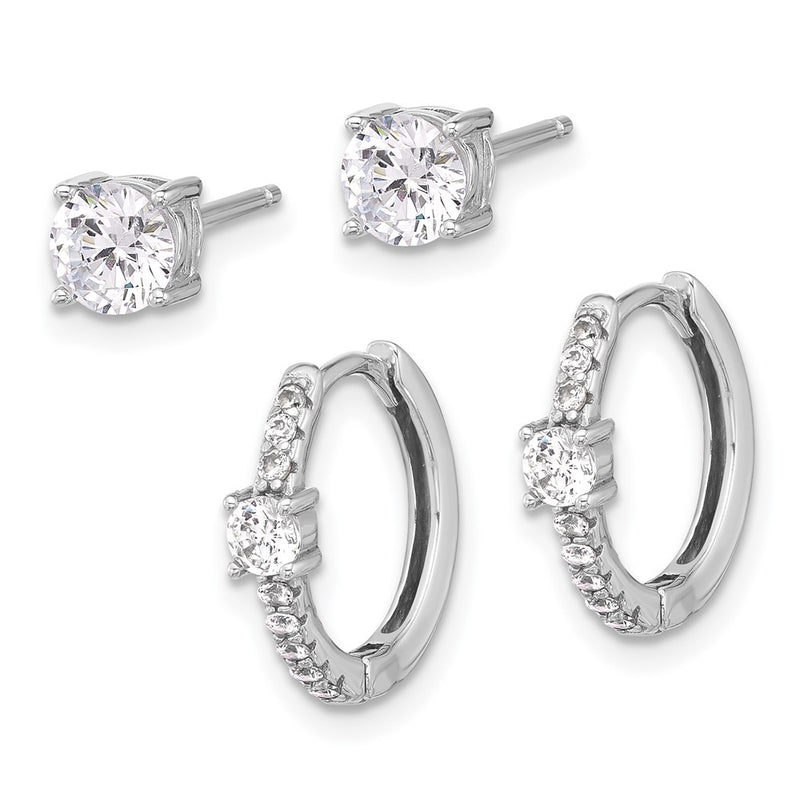 Sterling Silver Rhodium Plated 5mm CZ Studs and Hinged Hoop Earring Set