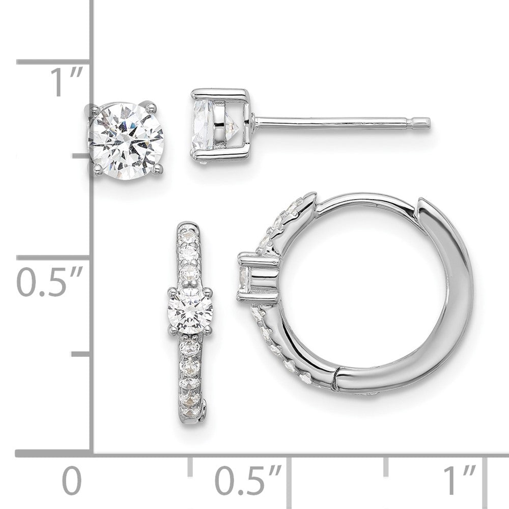 Sterling Silver Rhodium Plated 5mm CZ Studs and Hinged Hoop Earring Set