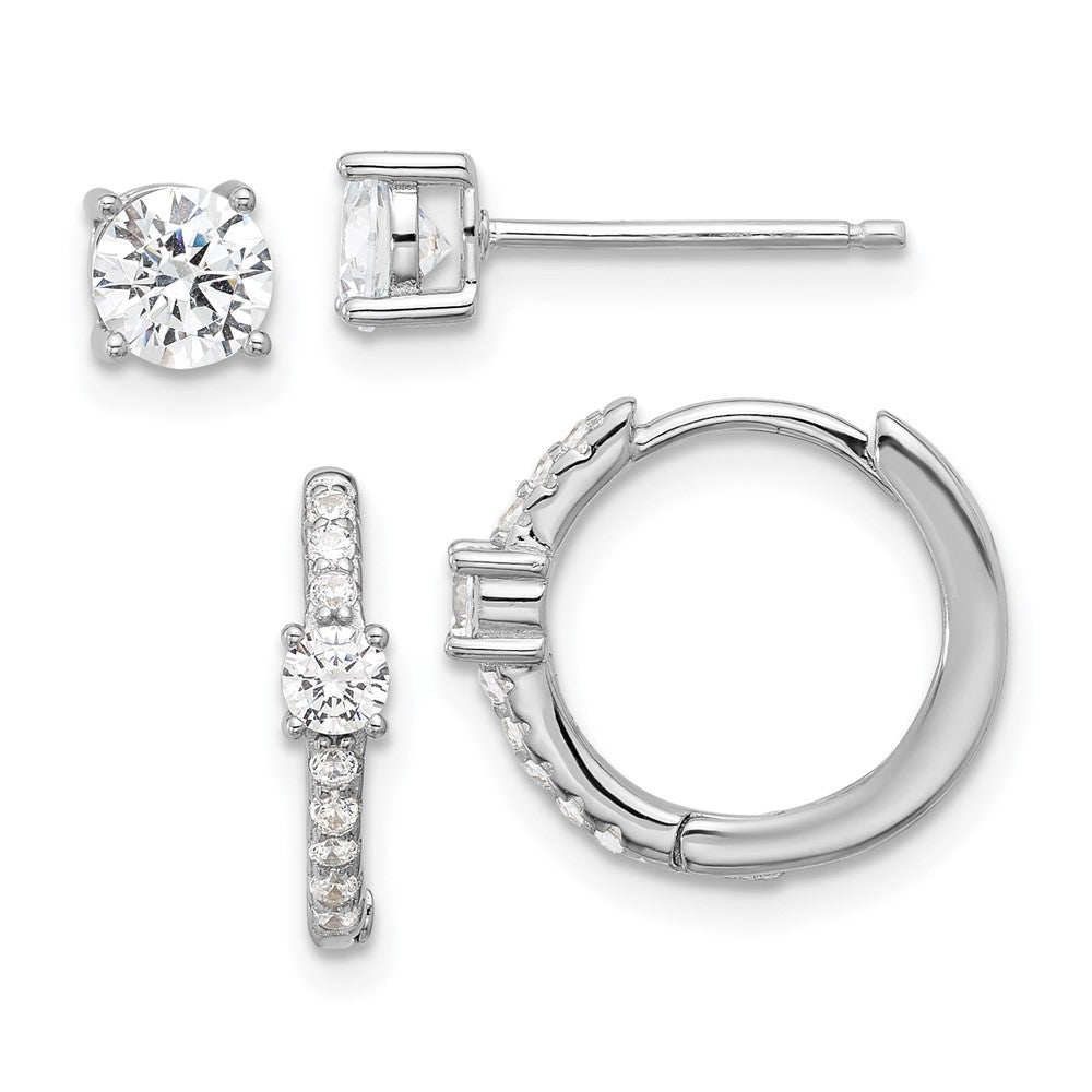 Sterling Silver Rhodium Plated 5mm CZ Studs and Hinged Hoop Earring Set