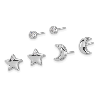 Sterling Silver Rhodium Plated CZ Moon/star and Round Set of 3 Post Earring Set