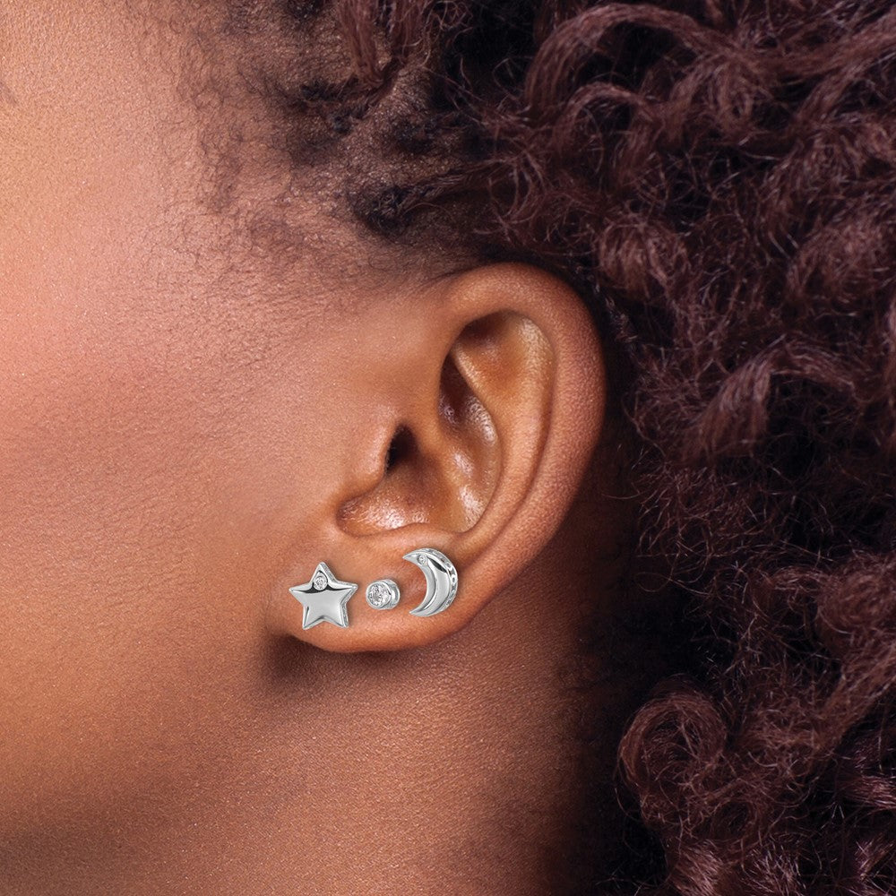 Sterling Silver Rhodium Plated CZ Moon/star and Round Set of 3 Post Earring Set