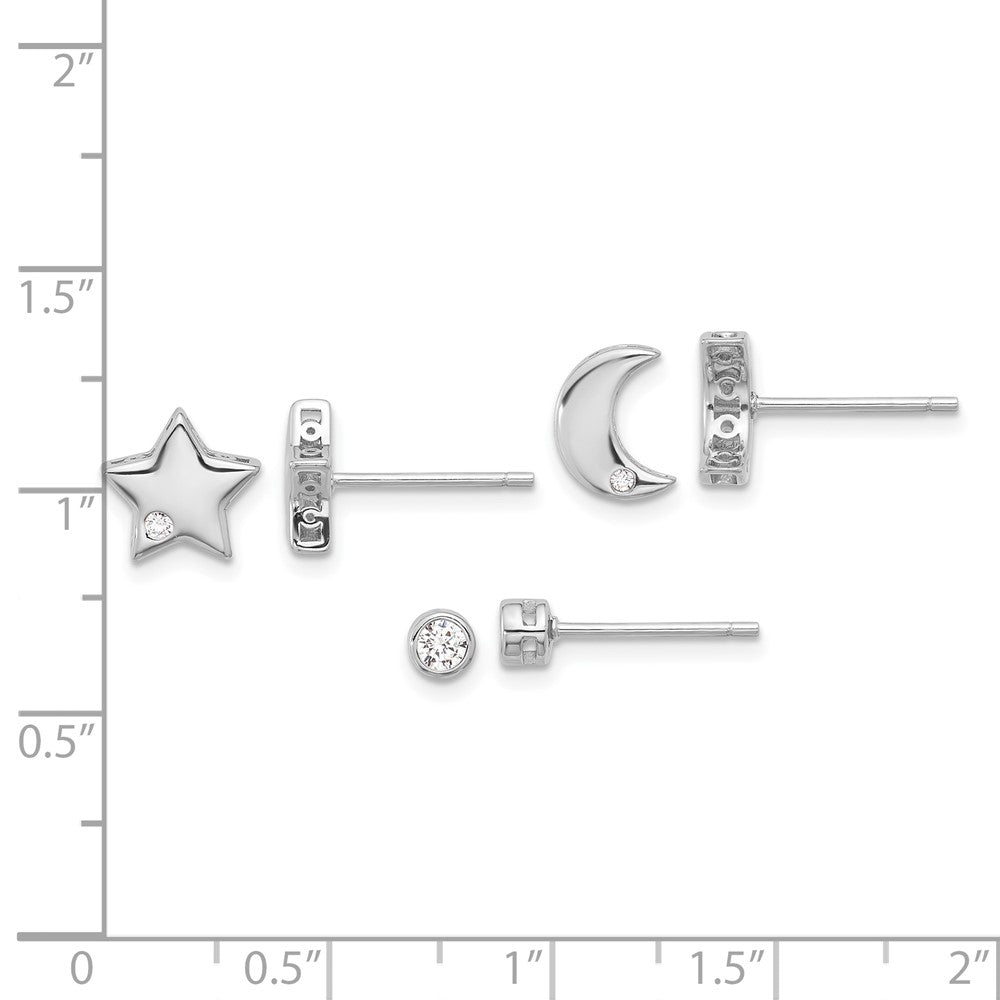 Sterling Silver Rhodium Plated CZ Moon/star and Round Set of 3 Post Earring Set