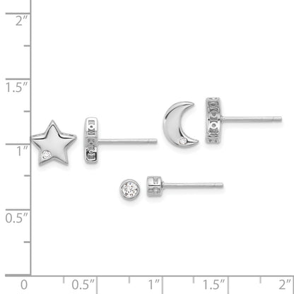 Sterling Silver Rhodium Plated CZ Moon/star and Round Set of 3 Post Earring Set