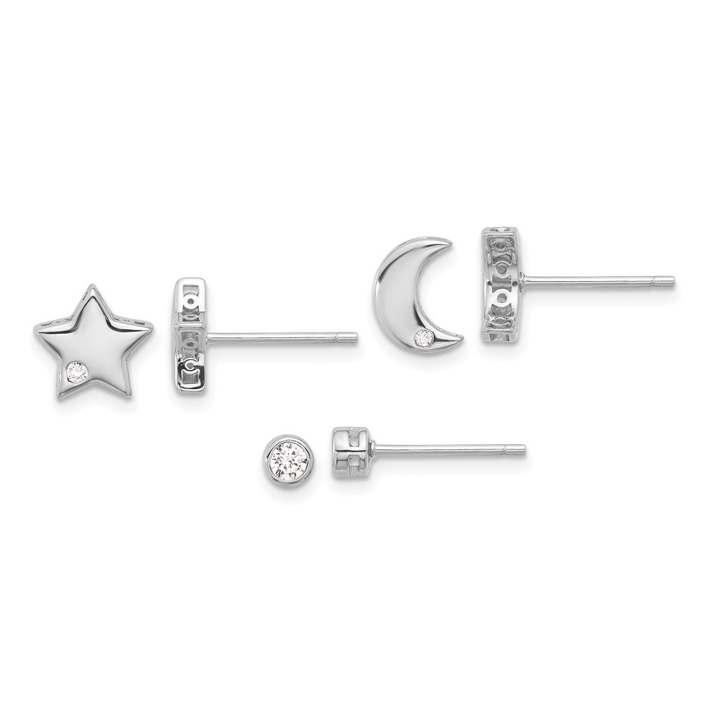 Sterling Silver Rhodium Plated CZ Moon/star and Round Set of 3 Post Earring Set