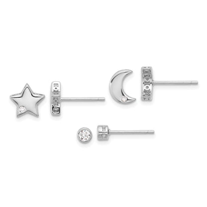 Sterling Silver Rhodium Plated CZ Moon/star and Round Set of 3 Post Earring Set