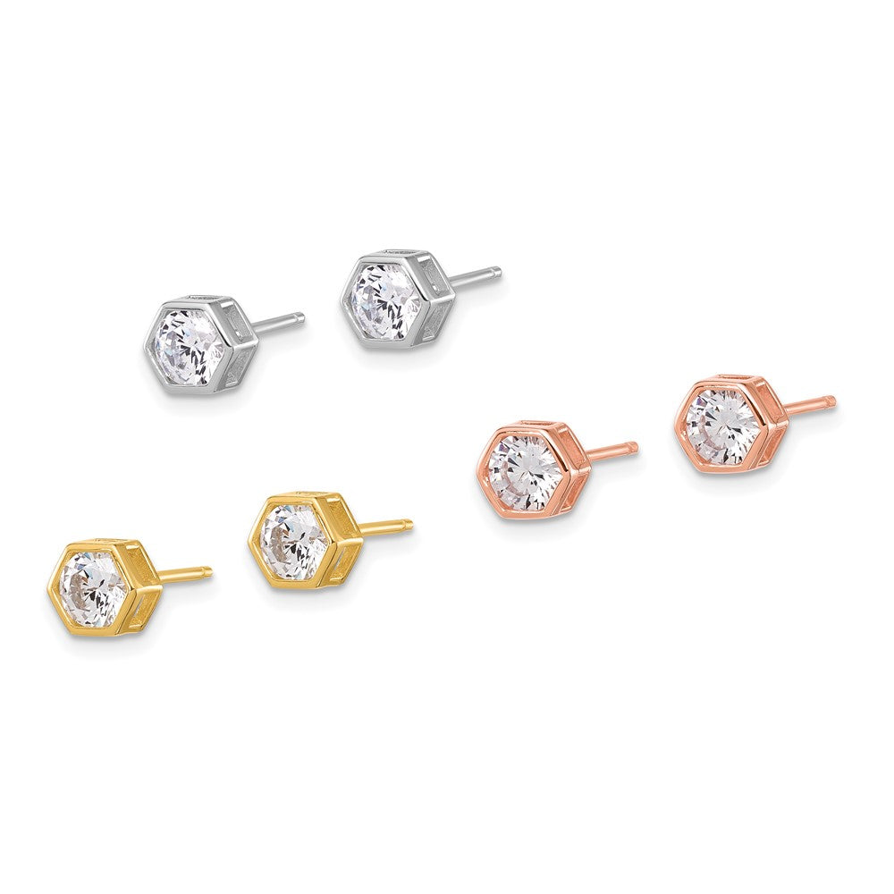 Sterling Silver Rhodium Plated Rose and Gold-Tone CZ Set of 3 Post Earring Set