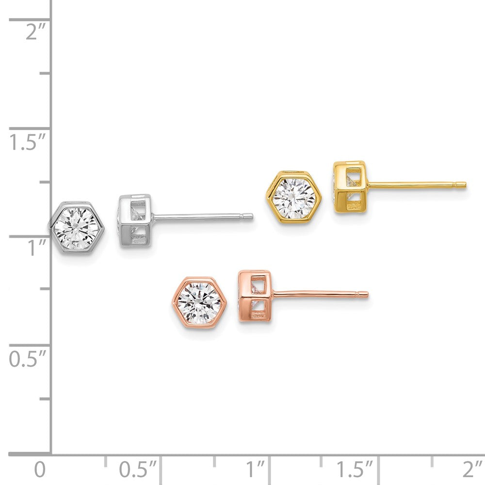 Sterling Silver Rhodium Plated Rose and Gold-Tone CZ Set of 3 Post Earring Set