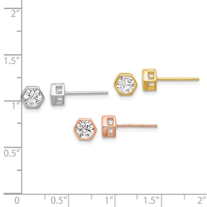 Sterling Silver Rhodium Plated Rose and Gold-Tone CZ Set of 3 Post Earring Set