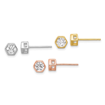 Sterling Silver Rhodium Plated Rose and Gold-Tone CZ Set of 3 Post Earring Set