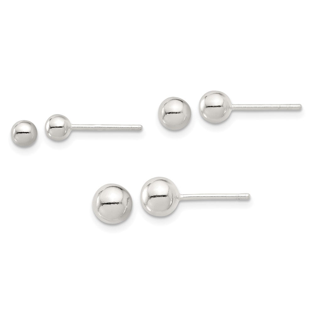 Sterling Silver E-Coated 4mm 5mm and 6mm Ball Post Earring Set