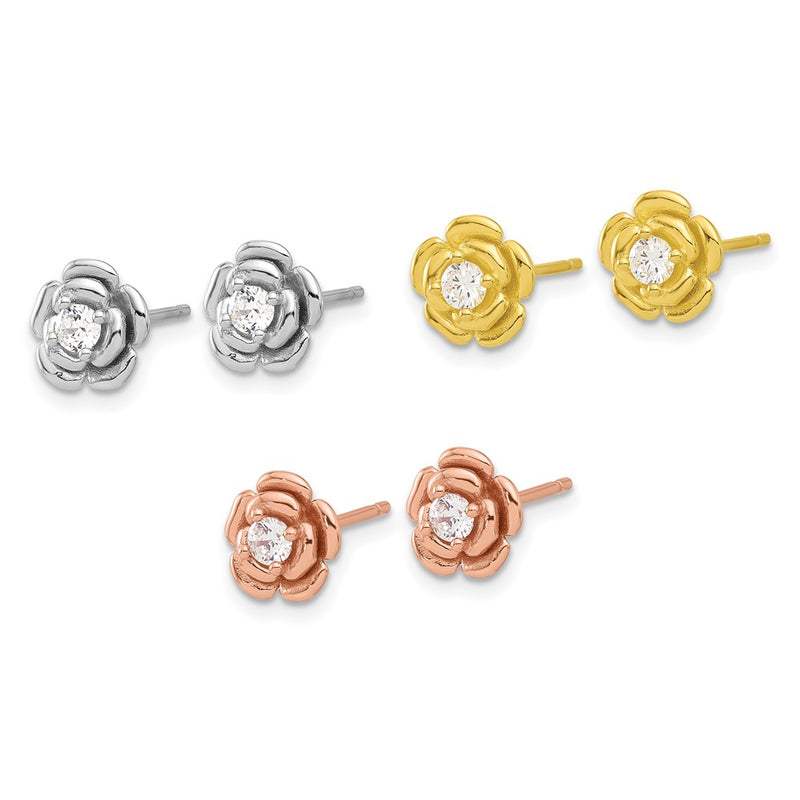 Sterling Silver Rhod-Plt/gold/rose-Tone CZ Rose 3 Pair Earrings Set