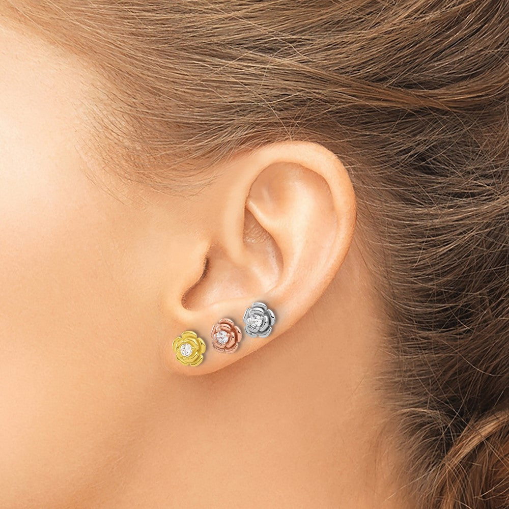 Sterling Silver Rhod-Plt/gold/rose-Tone CZ Rose 3 Pair Earrings Set