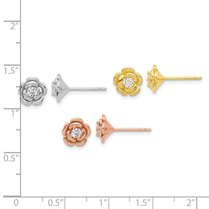 Sterling Silver Rhod-Plt/gold/rose-Tone CZ Rose 3 Pair Earrings Set