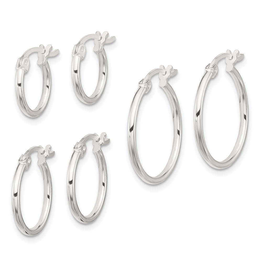 Sterling Silver Rhodium-Plated Polished Set of 3 Hoop Earring Set